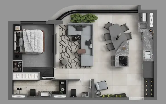 Planta 58m² living ampliado layout alternativo - Art Design Alphaville