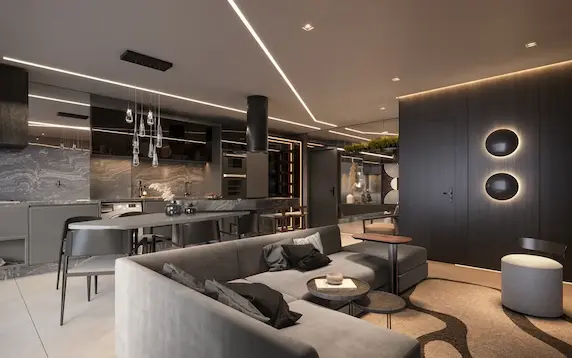 Planta 58m² decorada com sugestão de mobiliário - Art Design Alphaville