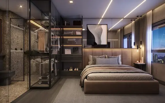 Planta 58m² configuração com suíte e banheiro privativo - Art Design Alphaville