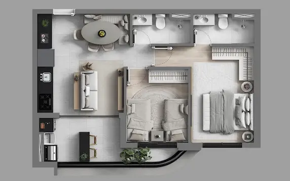 Planta tipo 58m² layout padrão com cotas - Art Design Alphaville