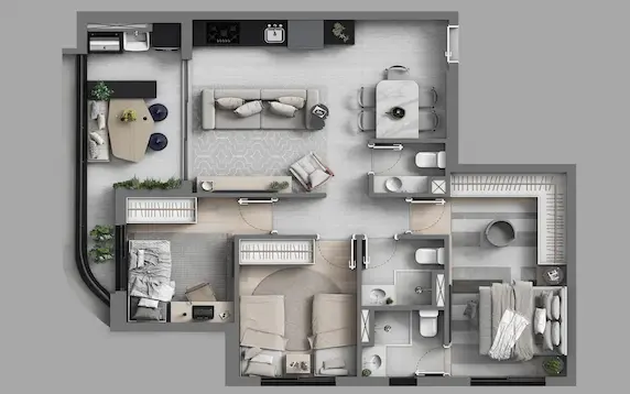 Planta tipo 79m² layout padrão com cotas - Art Design Alphaville