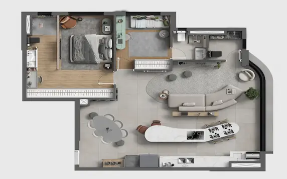 Planta 90m² living ampliado layout alternativo - Art Design Alphaville