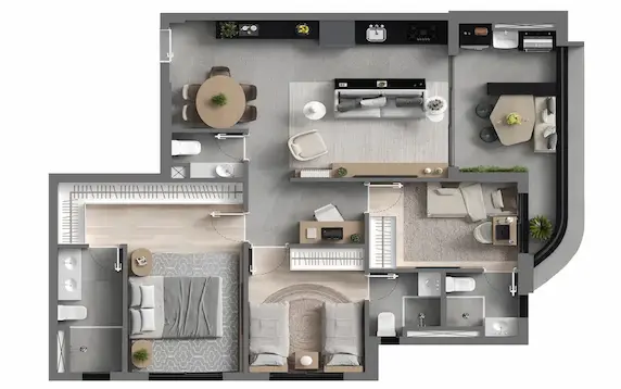 Planta tipo 90m² layout padrão com cotas - Art Design Alphaville